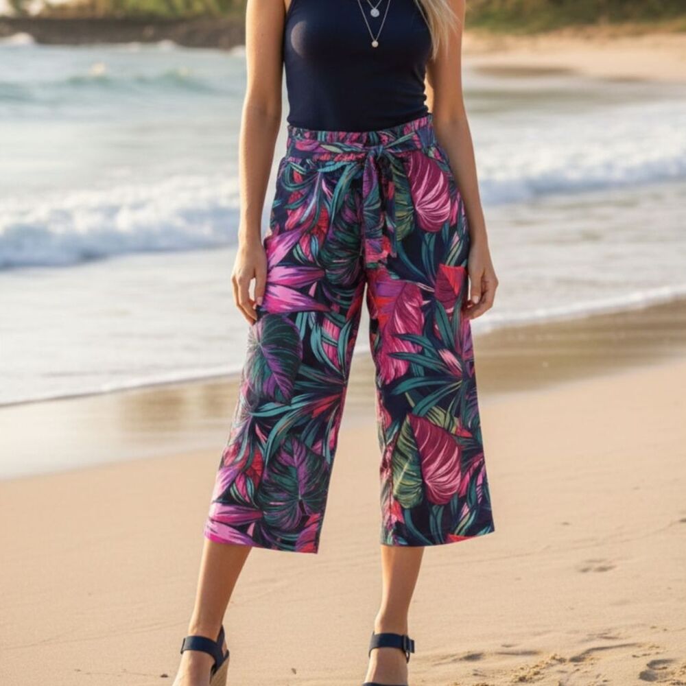 Eliane Rose Tropical Beach Resort Wide Leg Cropped Pants Womens Large Multicolor